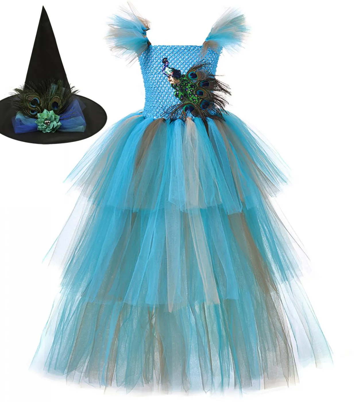 3 abiti lunghi pavone a strati per ragazze Pageant Halloween Party Costumes per bambini Fancy Tutu Dress Tiered Princess Ball