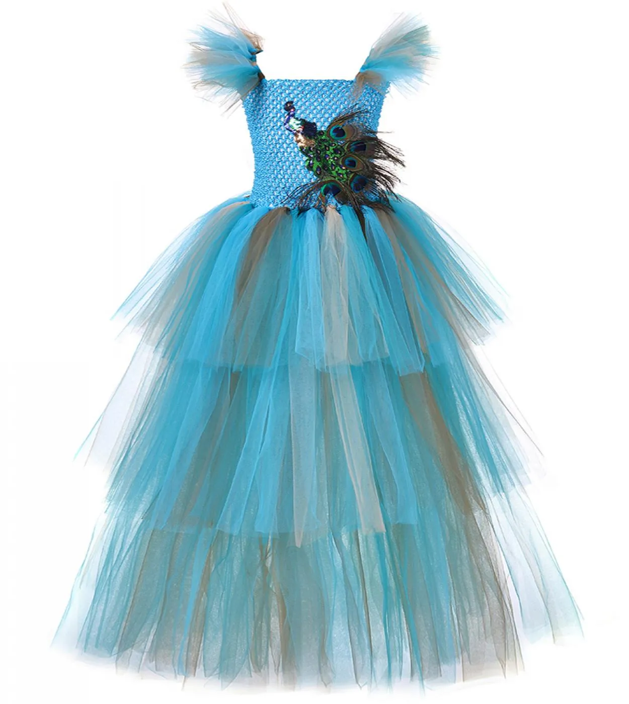 3 abiti lunghi pavone a strati per ragazze Pageant Halloween Party Costumes per bambini Fancy Tutu Dress Tiered Princess Ball