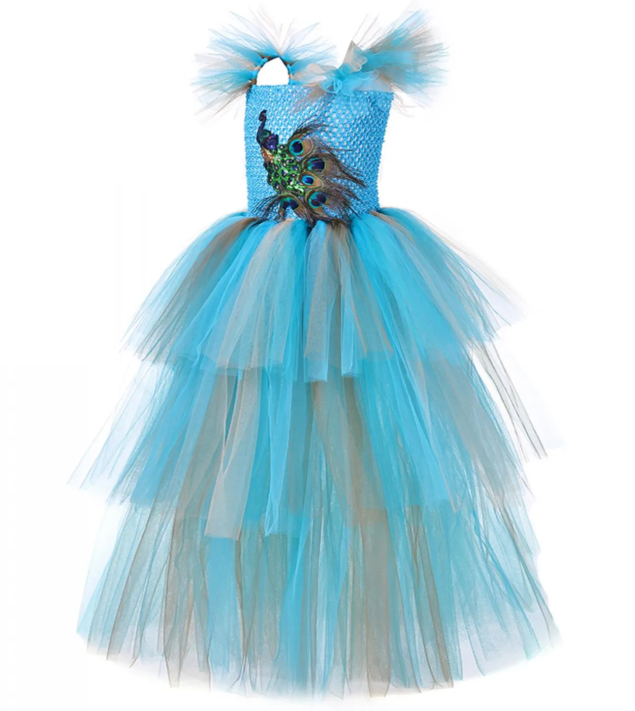 3 abiti lunghi pavone a strati per ragazze Pageant Halloween Party Costumes per bambini Fancy Tutu Dress Tiered Princess Ball