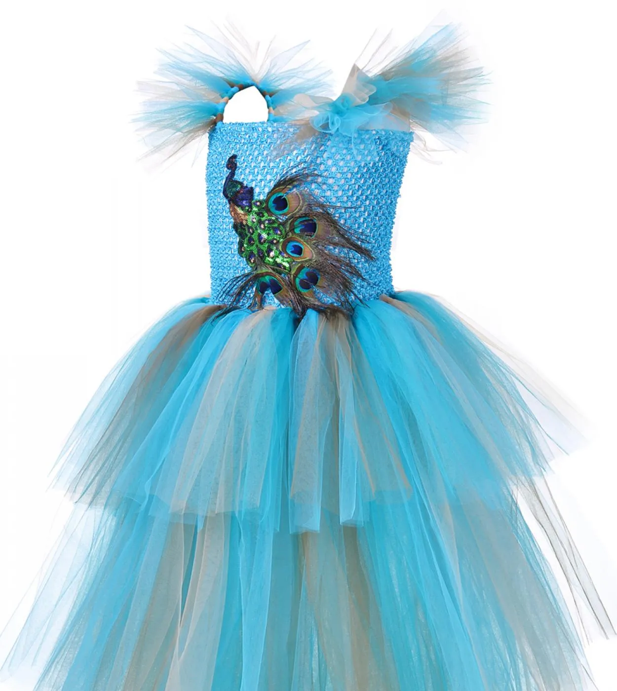 3 abiti lunghi pavone a strati per ragazze Pageant Halloween Party Costumes per bambini Fancy Tutu Dress Tiered Princess Ball