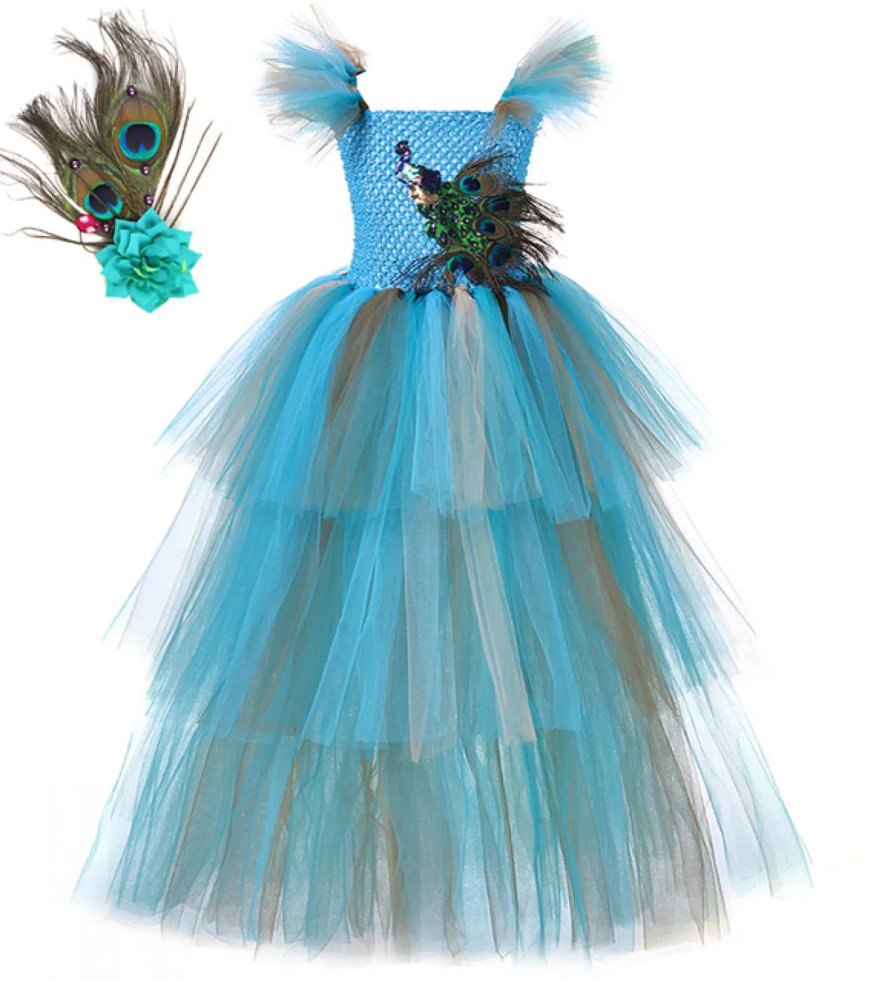 3 abiti lunghi pavone a strati per ragazze Pageant Halloween Party Costumes per bambini Fancy Tutu Dress Tiered Princess Ball