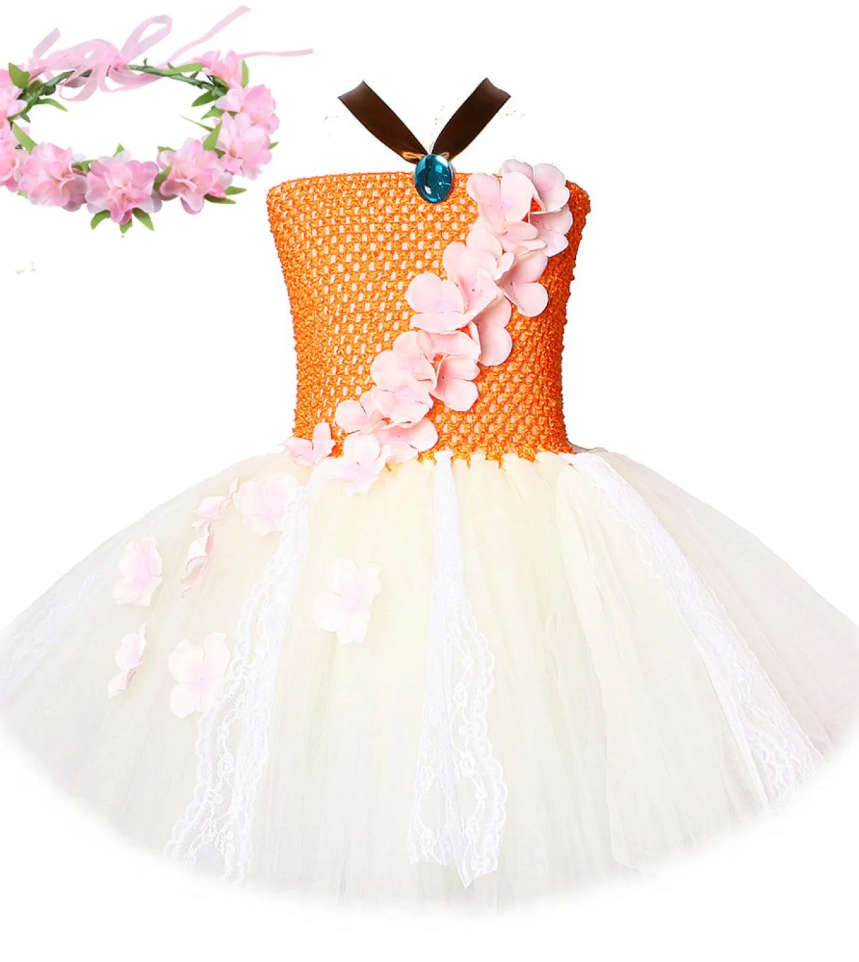 Abiti da principessa beige arancioni per neonate Vesti costume per bambini Tutù di Halloween con corona di fiori in pizzo Nascit