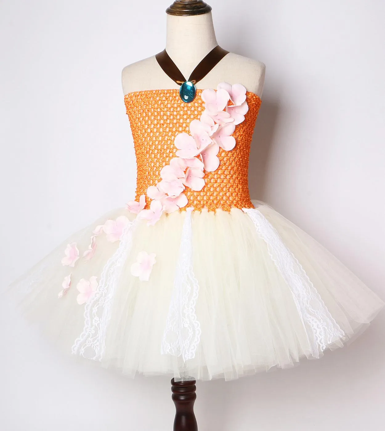 Abiti da principessa beige arancioni per neonate Vesti costume per bambini Tutù di Halloween con corona di fiori in pizzo Nascit
