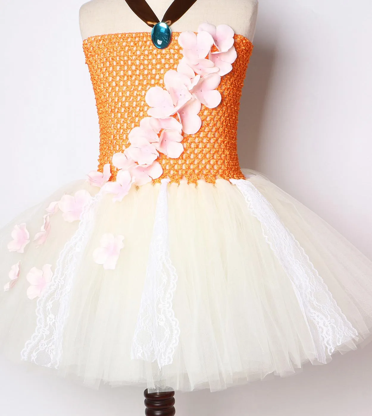 Abiti da principessa beige arancioni per neonate Vesti costume per bambini Tutù di Halloween con corona di fiori in pizzo Nascit