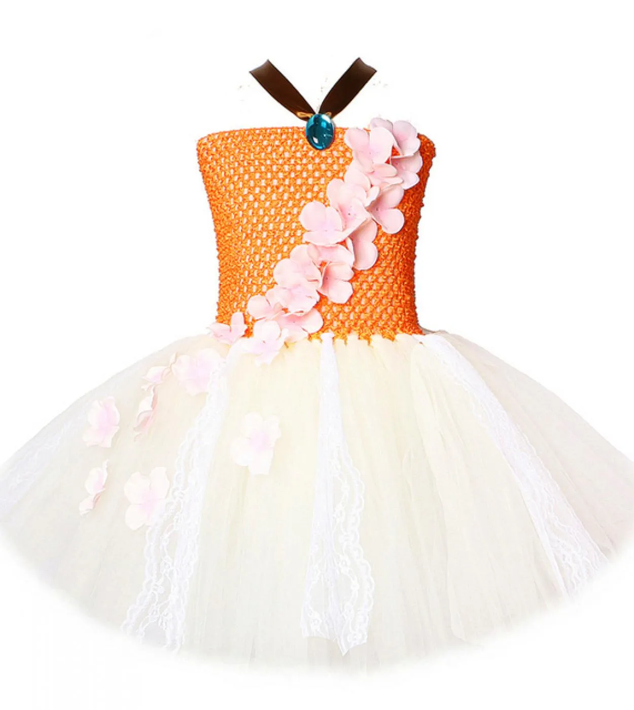 Abiti da principessa beige arancioni per neonate Vesti costume per bambini Tutù di Halloween con corona di fiori in pizzo Nascit