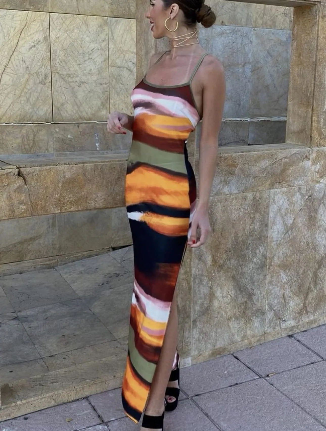 Abito Donna Lungo Spacco Bretelle Schiena Scoperta Multicolore Aderente Elegante