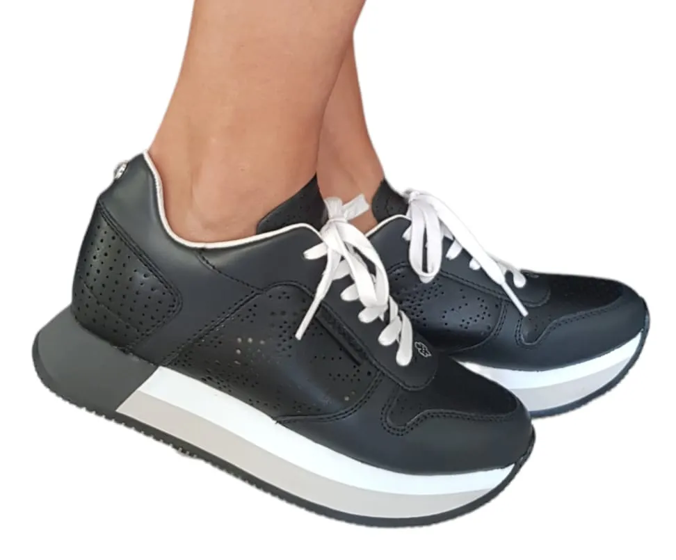 Apepazza sneakers fondo gomma + zeppa interna alta 4,5 cm. pelle blackrif.666