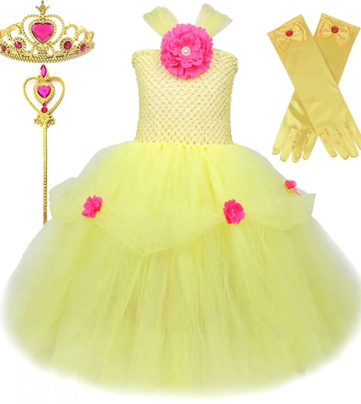 Belle Princess Costume Girls Long Tutu Dress With Crown Guanti Bambini Fancy Dress Halloween Birthday Party Outfit Girl B