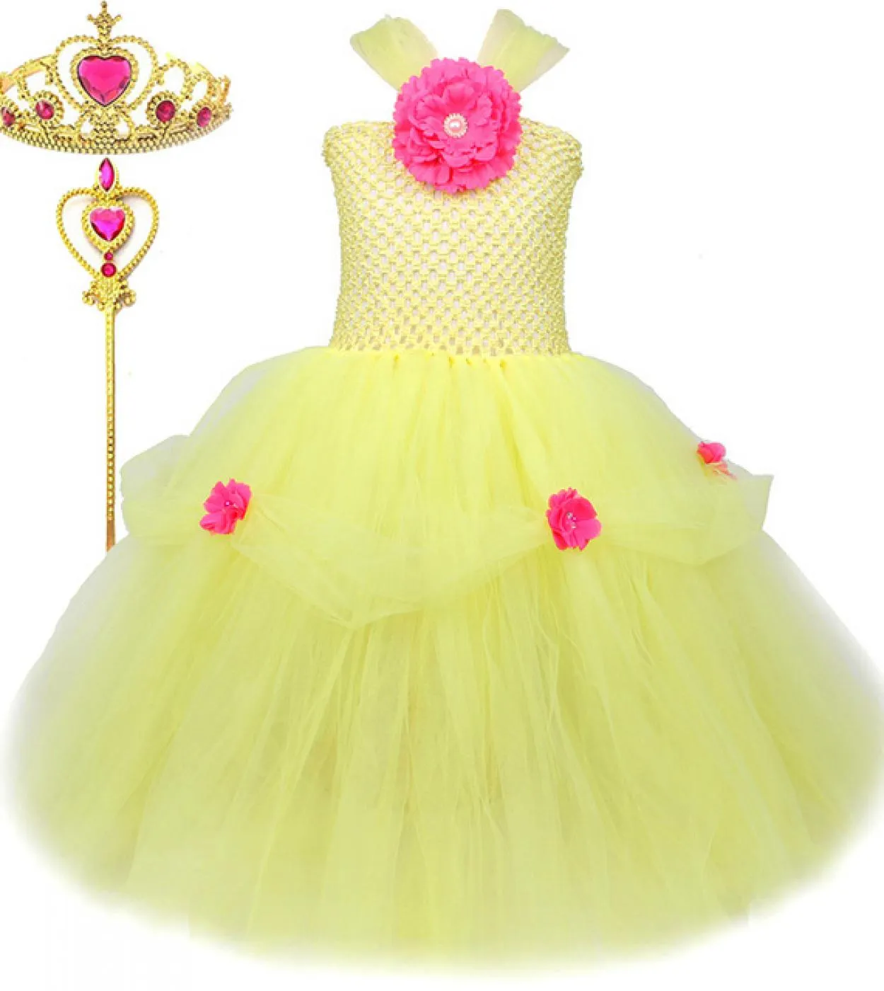 Belle Princess Costume Girls Long Tutu Dress With Crown Guanti Bambini Fancy Dress Halloween Birthday Party Outfit Girl B