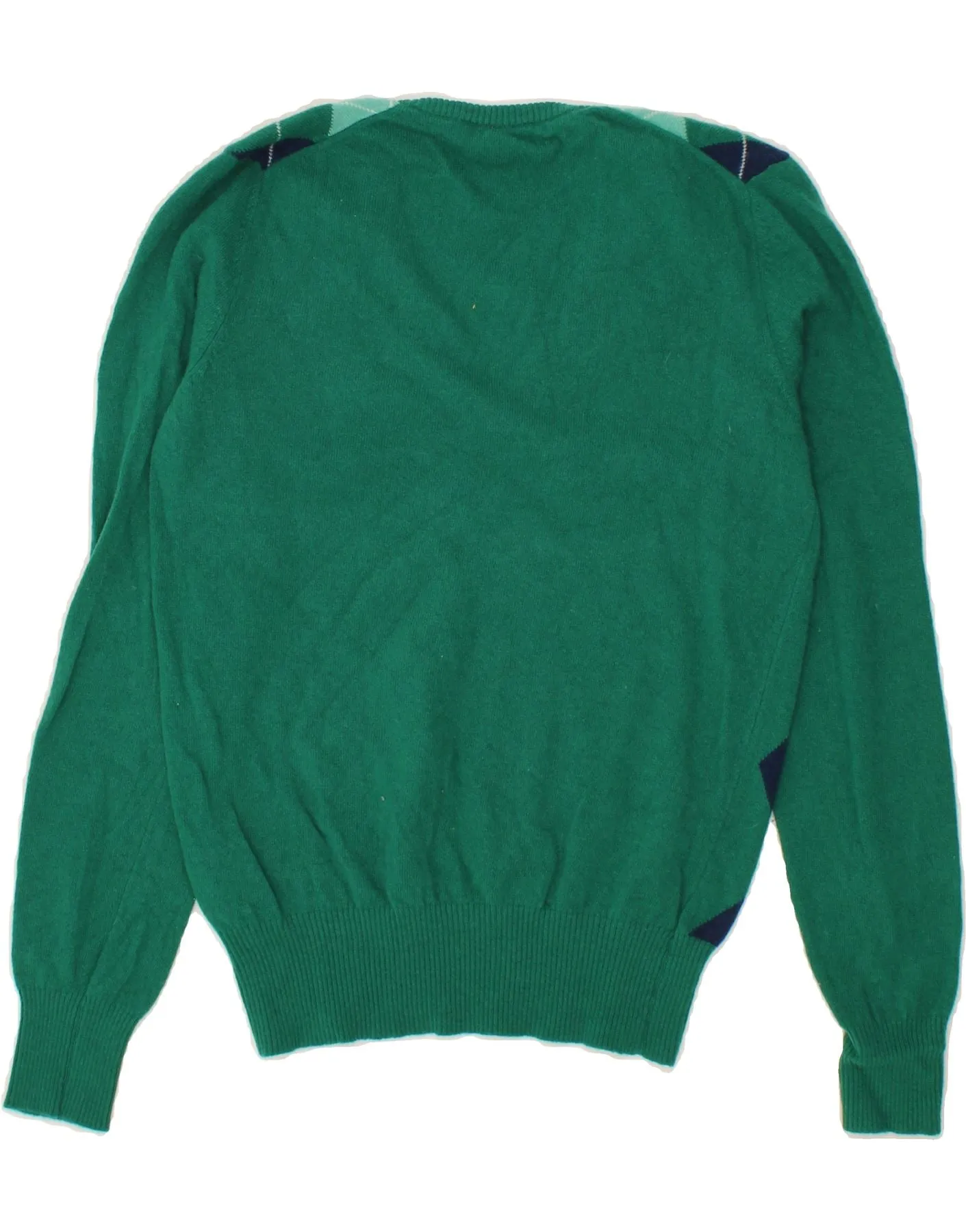 BENETTON Womens V-Neck Jumper Sweater UK 14 Medium Green Argyle/Diamond