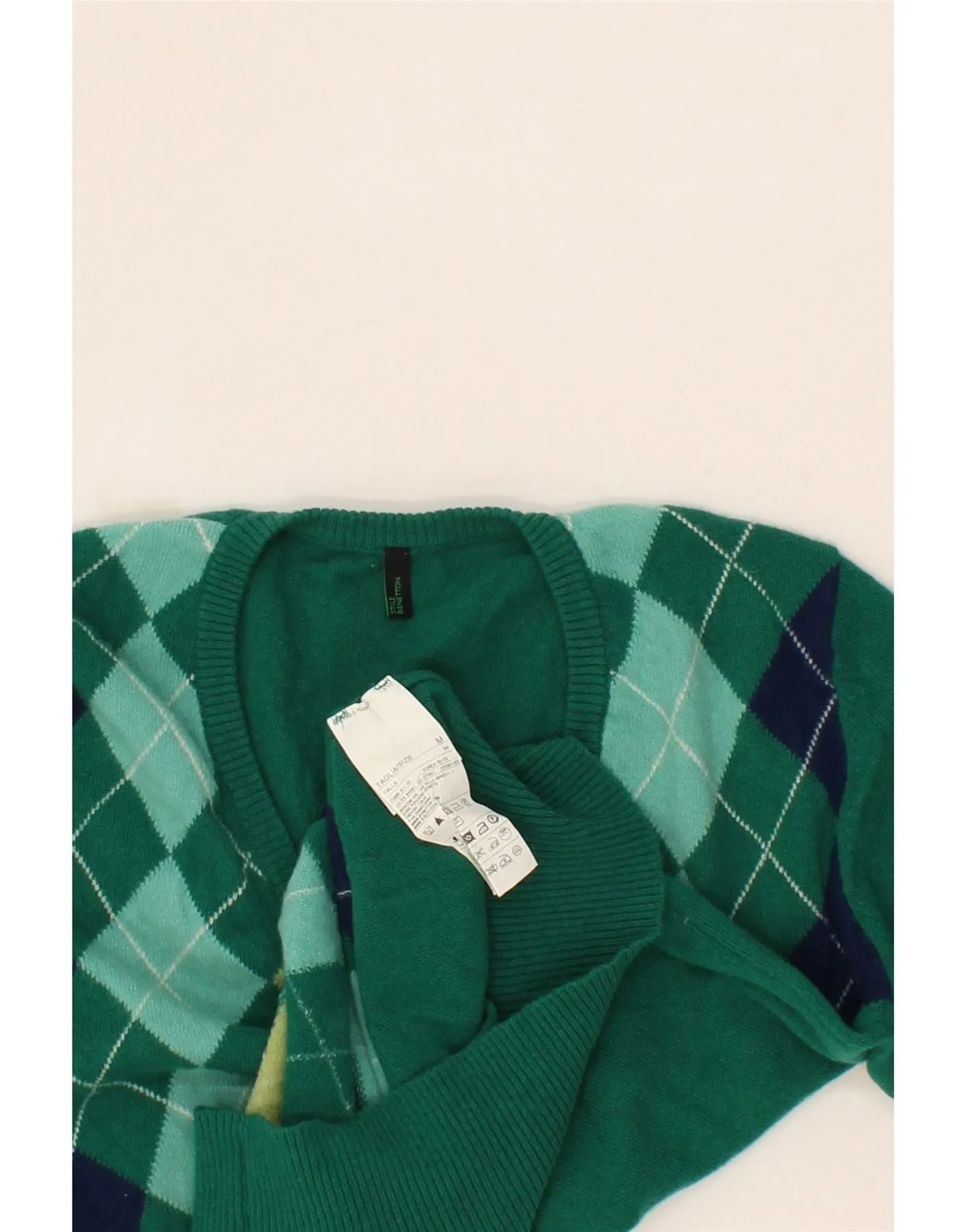 BENETTON Womens V-Neck Jumper Sweater UK 14 Medium Green Argyle/Diamond