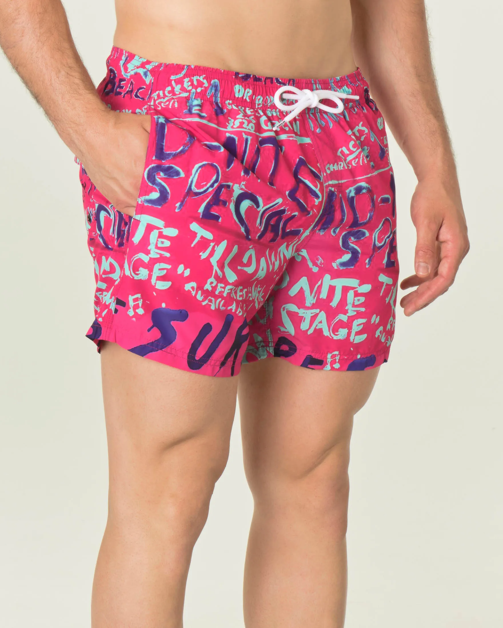 Boxer mare fucsia con fantasia graffiti azzurra e blu