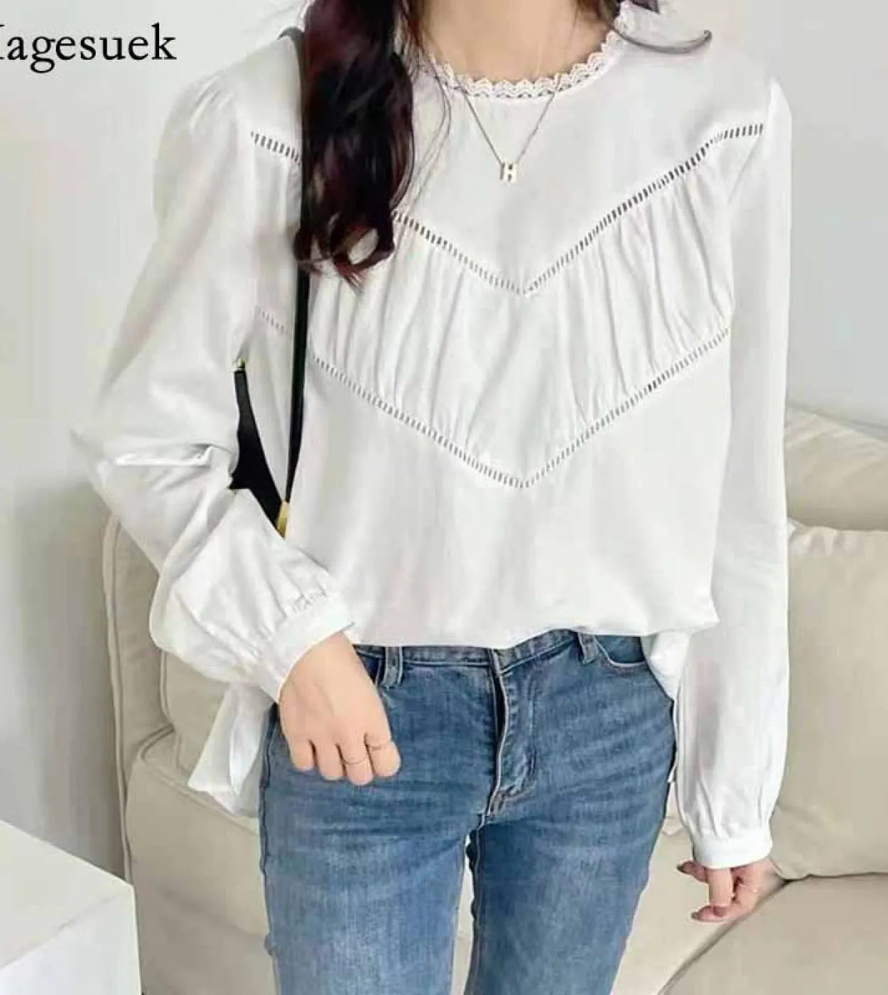 Camicetta da donna casual semplice Camicetta elegante con scollo a V in pizzo Camicia bianca a maniche lunghe in pizzo Top largh