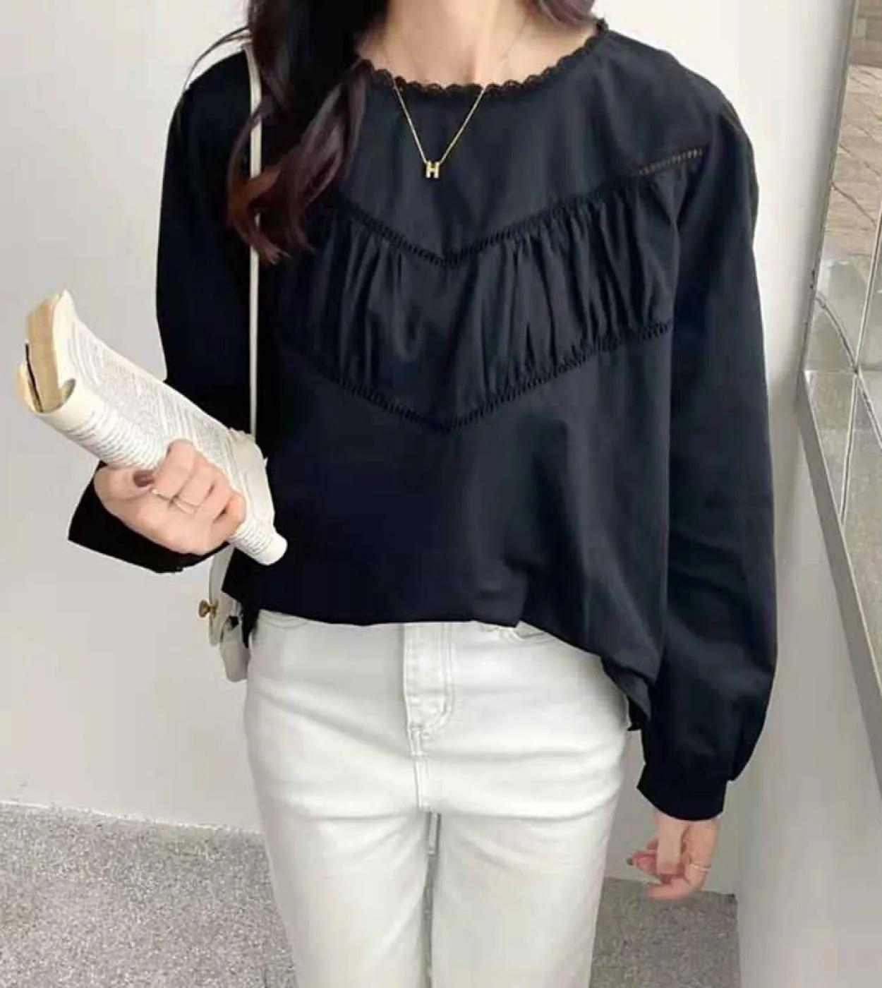 Camicetta da donna casual semplice Camicetta elegante con scollo a V in pizzo Camicia bianca a maniche lunghe in pizzo Top largh