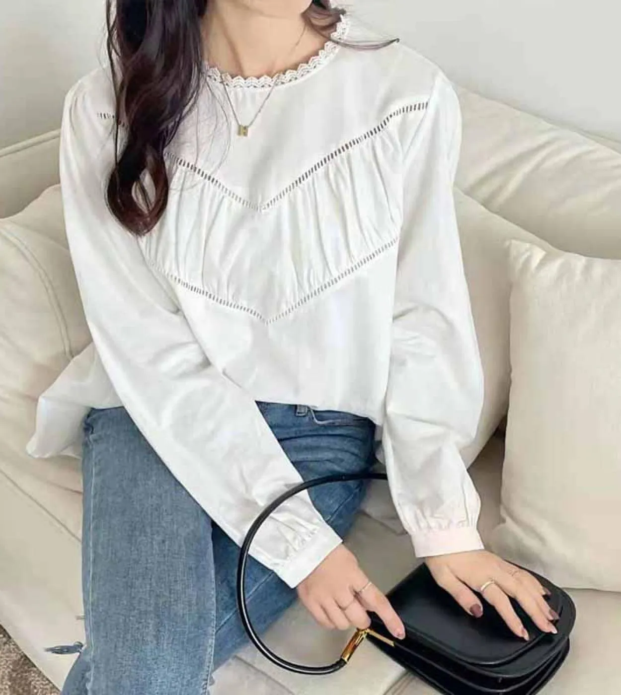 Camicetta da donna casual semplice Camicetta elegante con scollo a V in pizzo Camicia bianca a maniche lunghe in pizzo Top largh