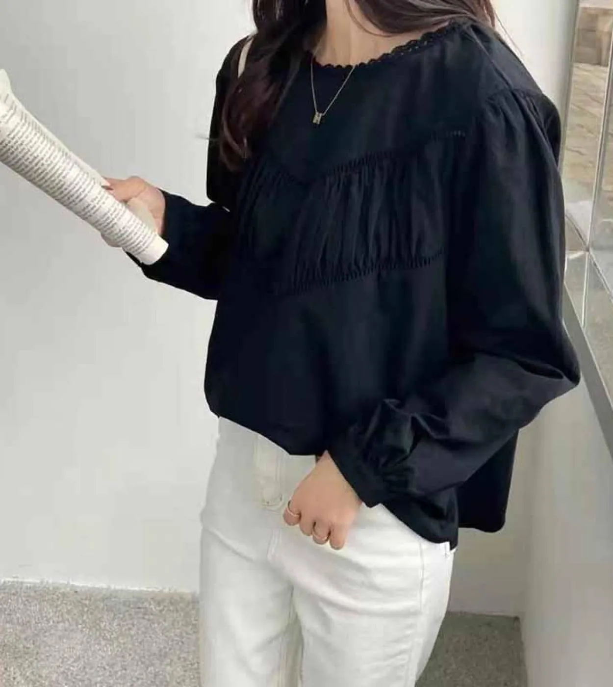 Camicetta da donna casual semplice Camicetta elegante con scollo a V in pizzo Camicia bianca a maniche lunghe in pizzo Top largh