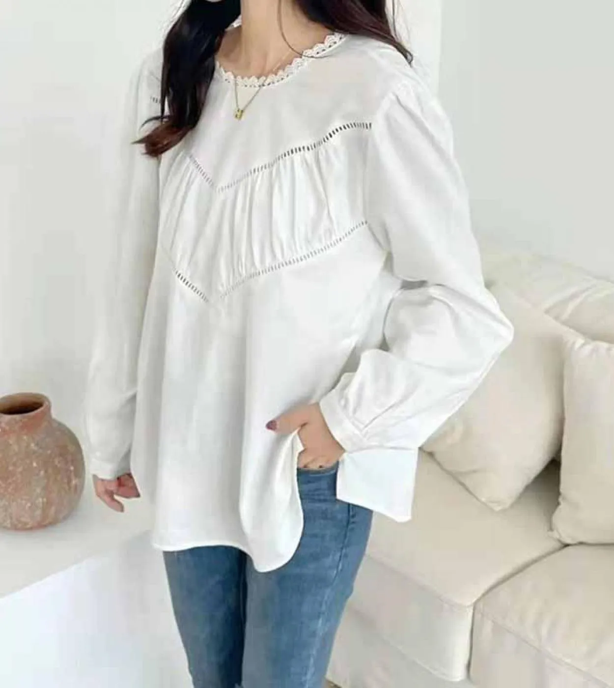 Camicetta da donna casual semplice Camicetta elegante con scollo a V in pizzo Camicia bianca a maniche lunghe in pizzo Top largh