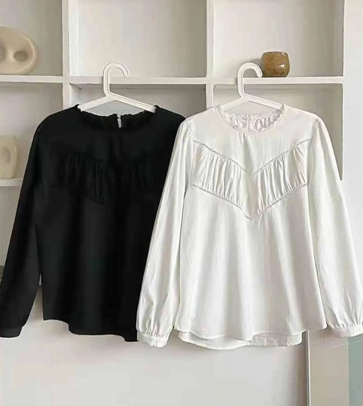 Camicetta da donna casual semplice Camicetta elegante con scollo a V in pizzo Camicia bianca a maniche lunghe in pizzo Top largh