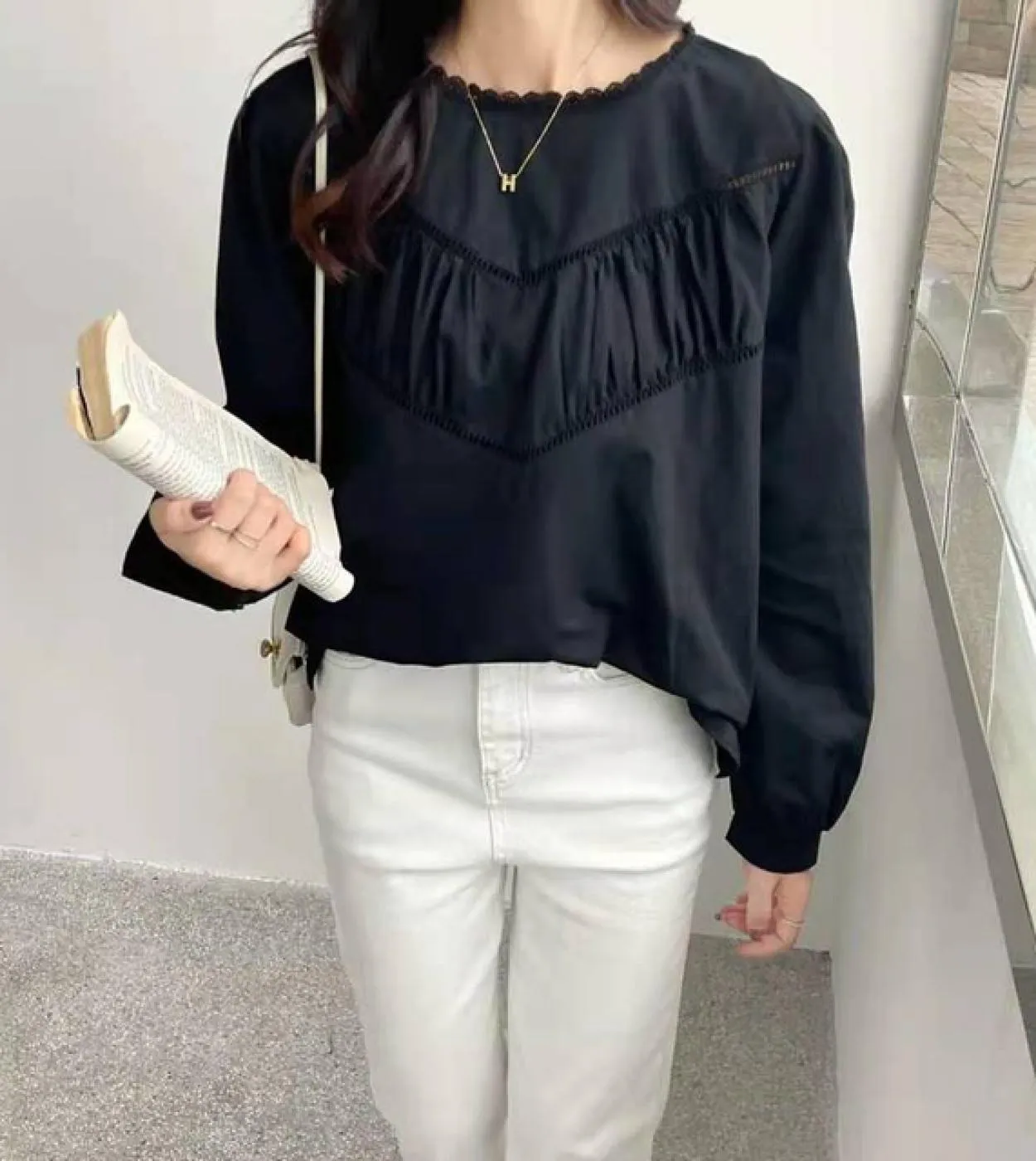 Camicetta da donna casual semplice Camicetta elegante con scollo a V in pizzo Camicia bianca a maniche lunghe in pizzo Top largh