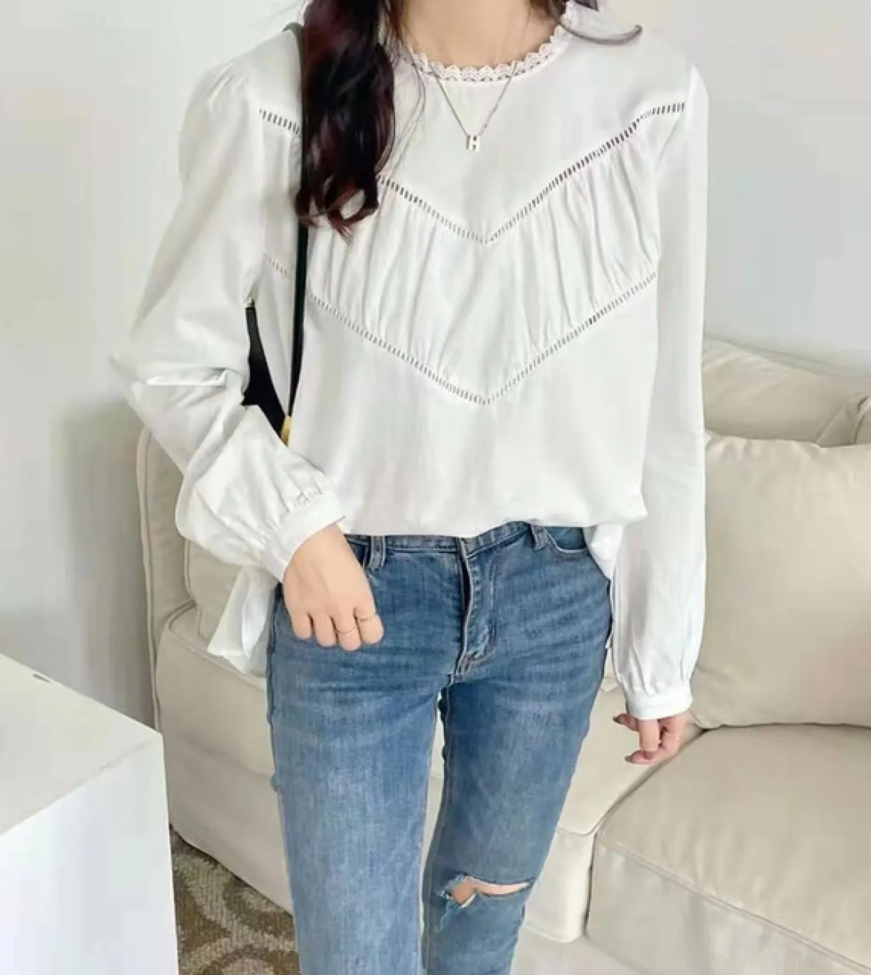 Camicetta da donna casual semplice Camicetta elegante con scollo a V in pizzo Camicia bianca a maniche lunghe in pizzo Top largh