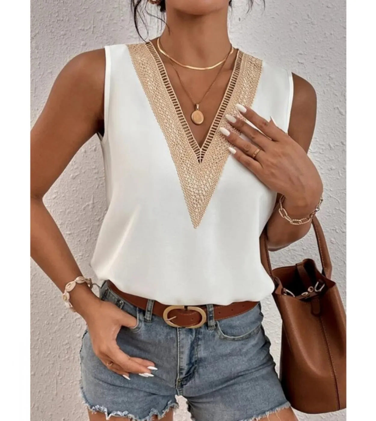 Camicetta di pizzo estivo senza maniche con scollo a V per donna 2023 Fashion Casual Top Solid Camicia elegante da donna Office