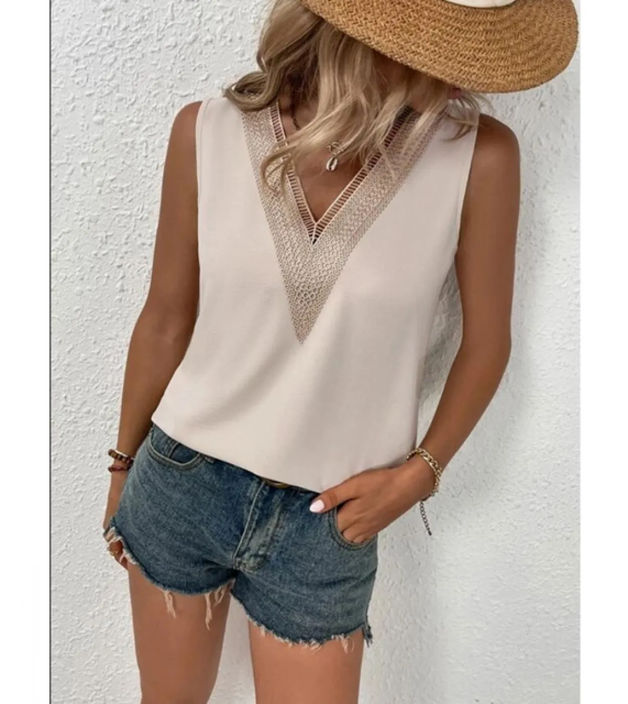 Camicetta di pizzo estivo senza maniche con scollo a V per donna 2023 Fashion Casual Top Solid Camicia elegante da donna Office