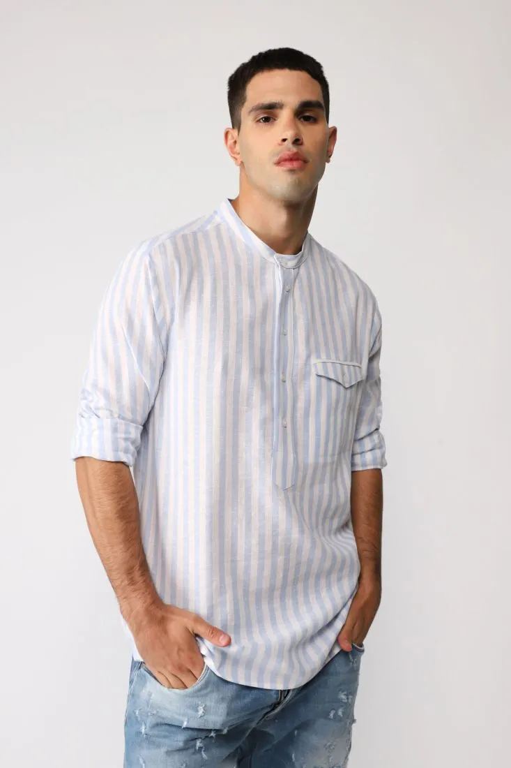 Camicia a righe con collo alla coreana e taschino applicato