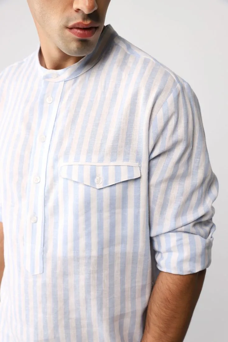Camicia a righe con collo alla coreana e taschino applicato