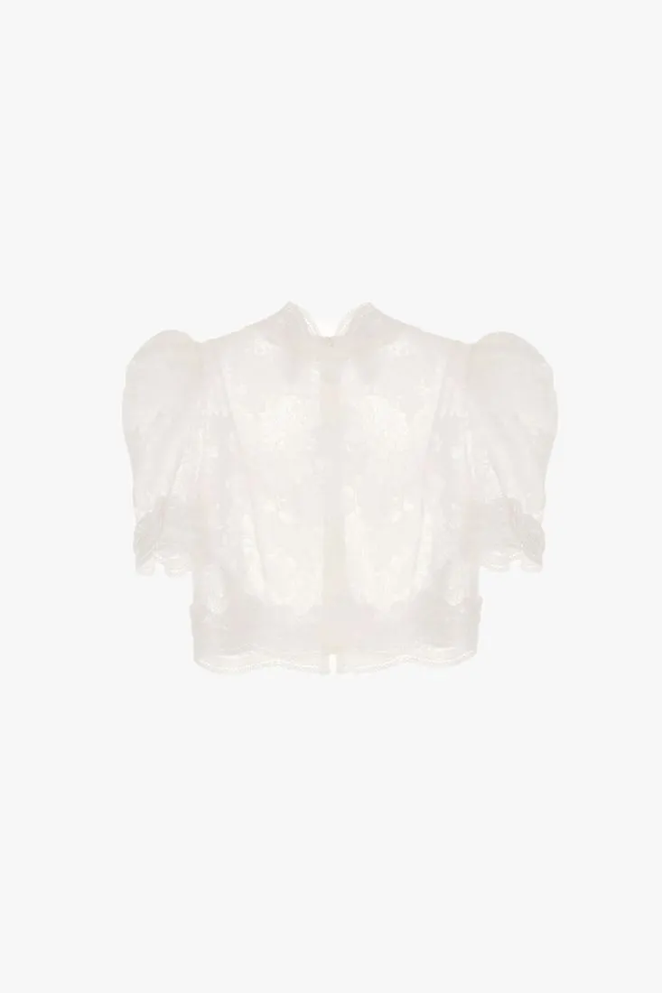 Camicia cropped effetto pizzo con maniche a sbuffo