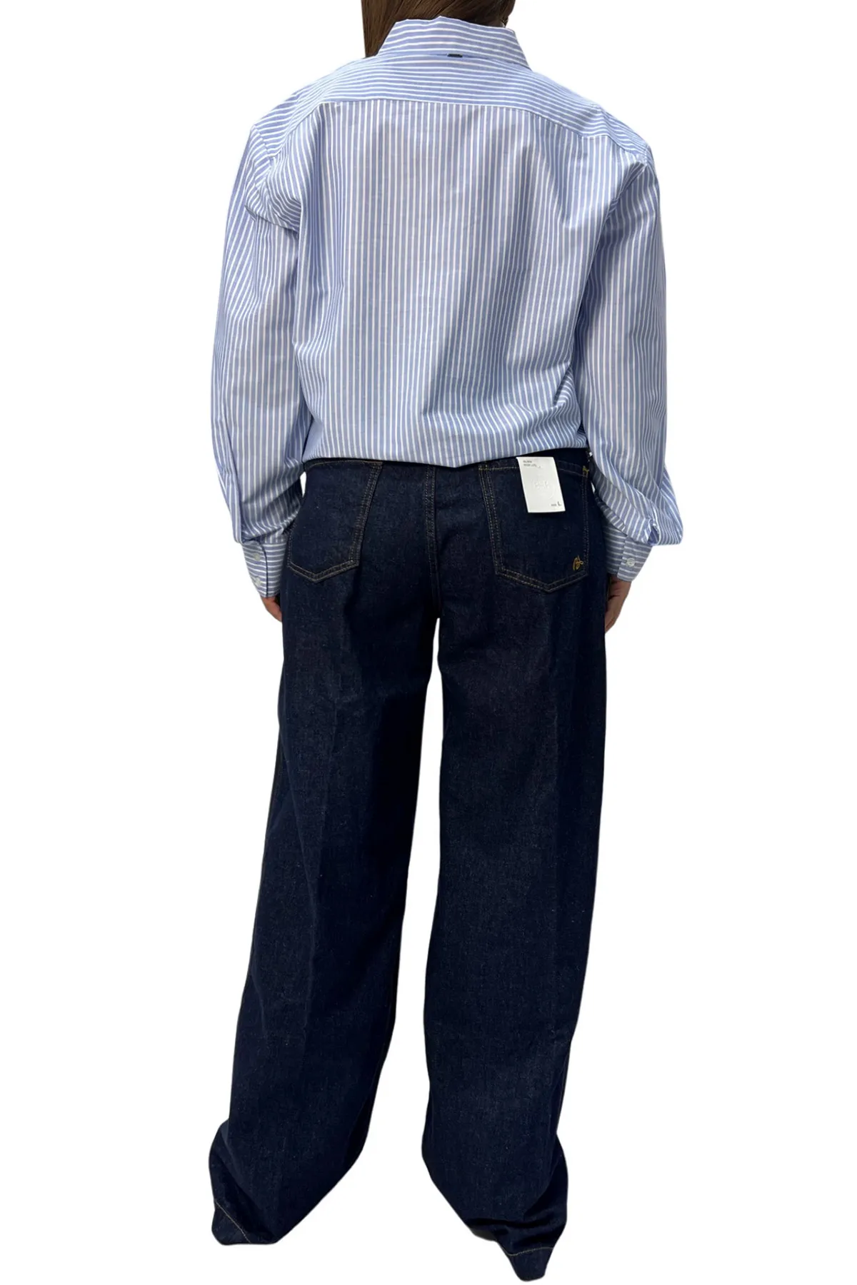 Camicia donna crop in cotone fantasia mille righe vestibiita oversize e finituta taglio vivo