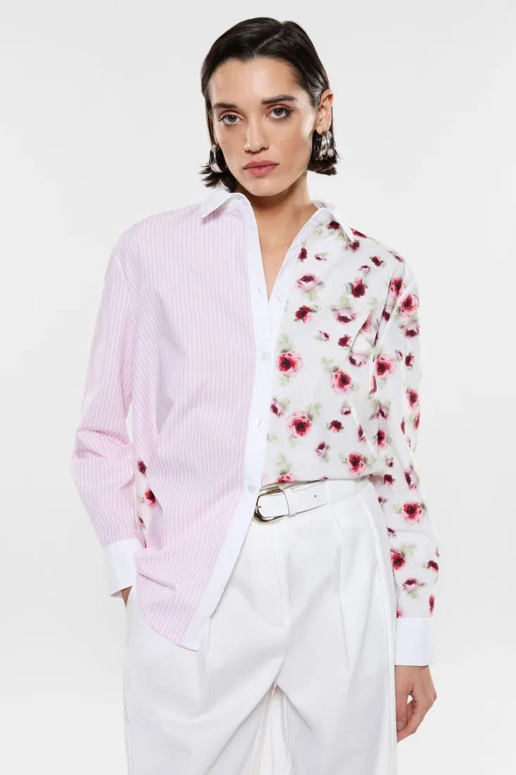 Camicia doppia fantasia rigata e floreale in puro cotone
