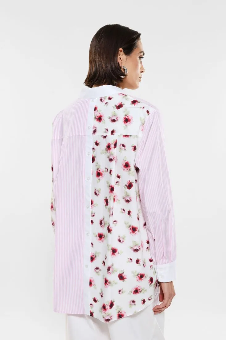 Camicia doppia fantasia rigata e floreale in puro cotone