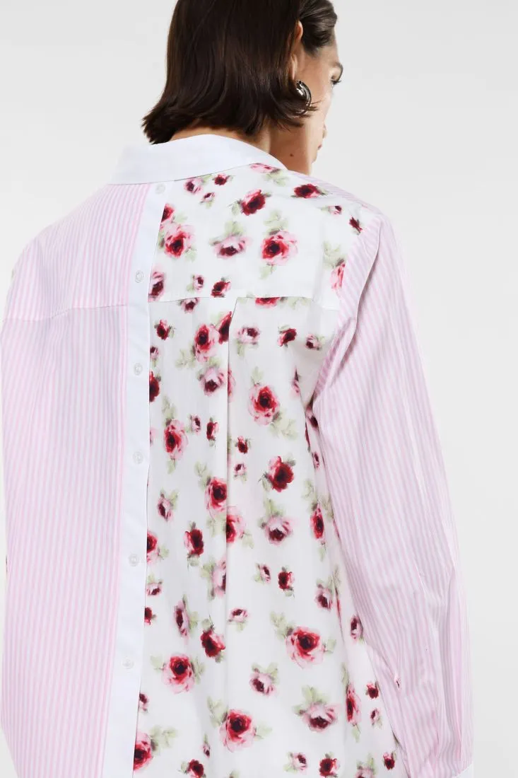 Camicia doppia fantasia rigata e floreale in puro cotone