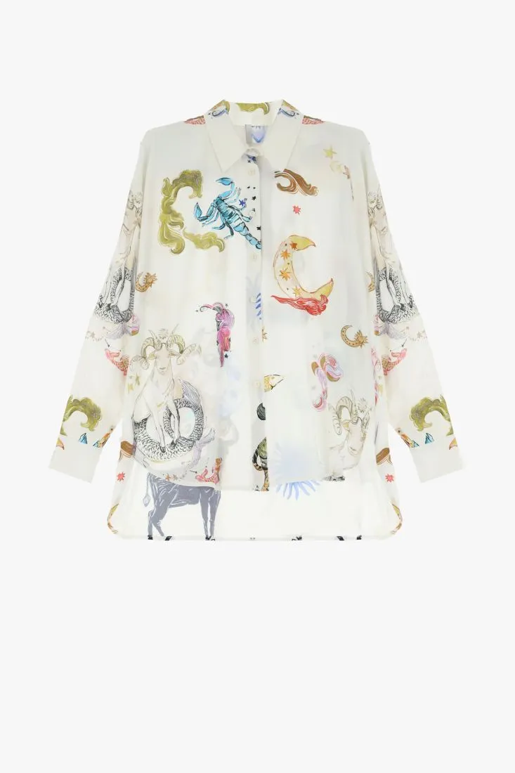 Camicia fantasia astratta multicolor con orlo inferiore asimmetrico