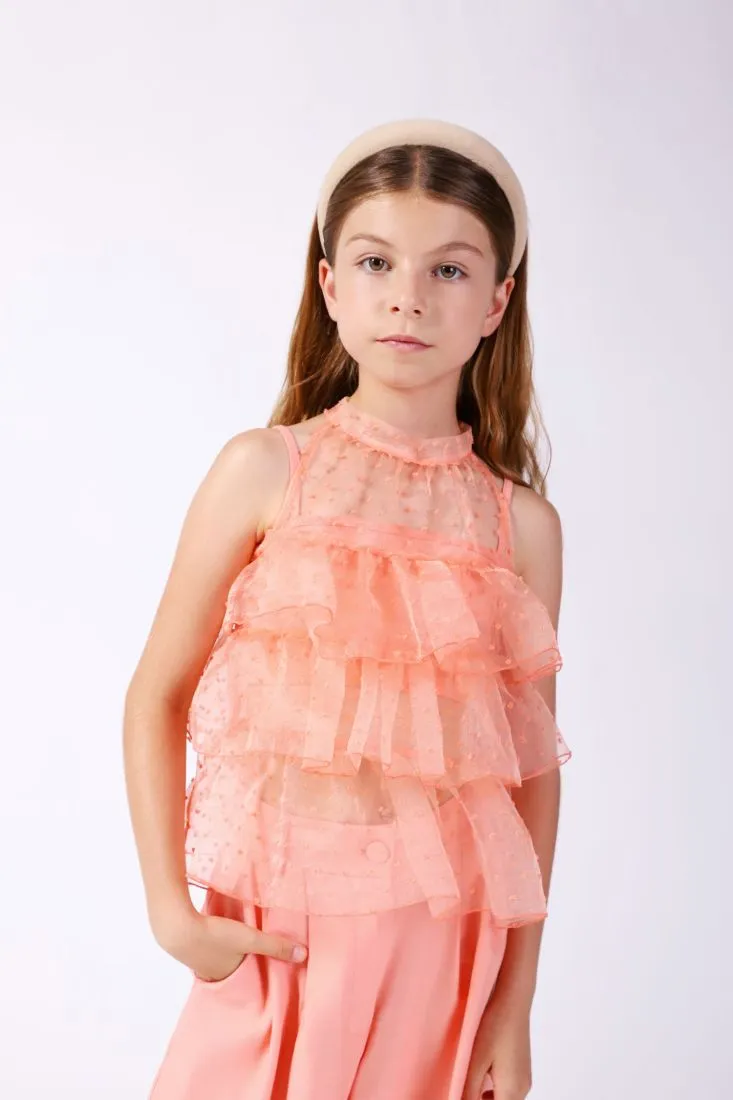 Camicia smanicata girocollo bambina monocolour a pois in tulle