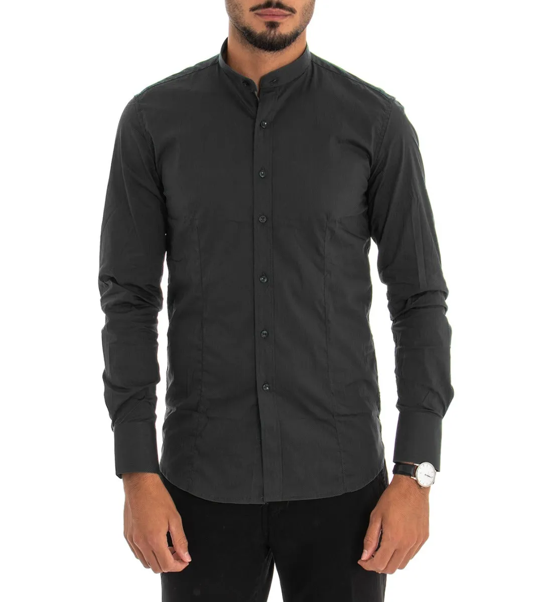 Camicia Uomo Collo Coreano Manica Lunga Slim Fit Basic Casual Cotone Nero GIOSAL-C1820A
