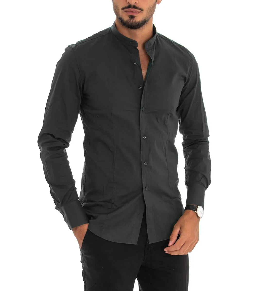 Camicia Uomo Collo Coreano Manica Lunga Slim Fit Basic Casual Cotone Nero GIOSAL-C1820A