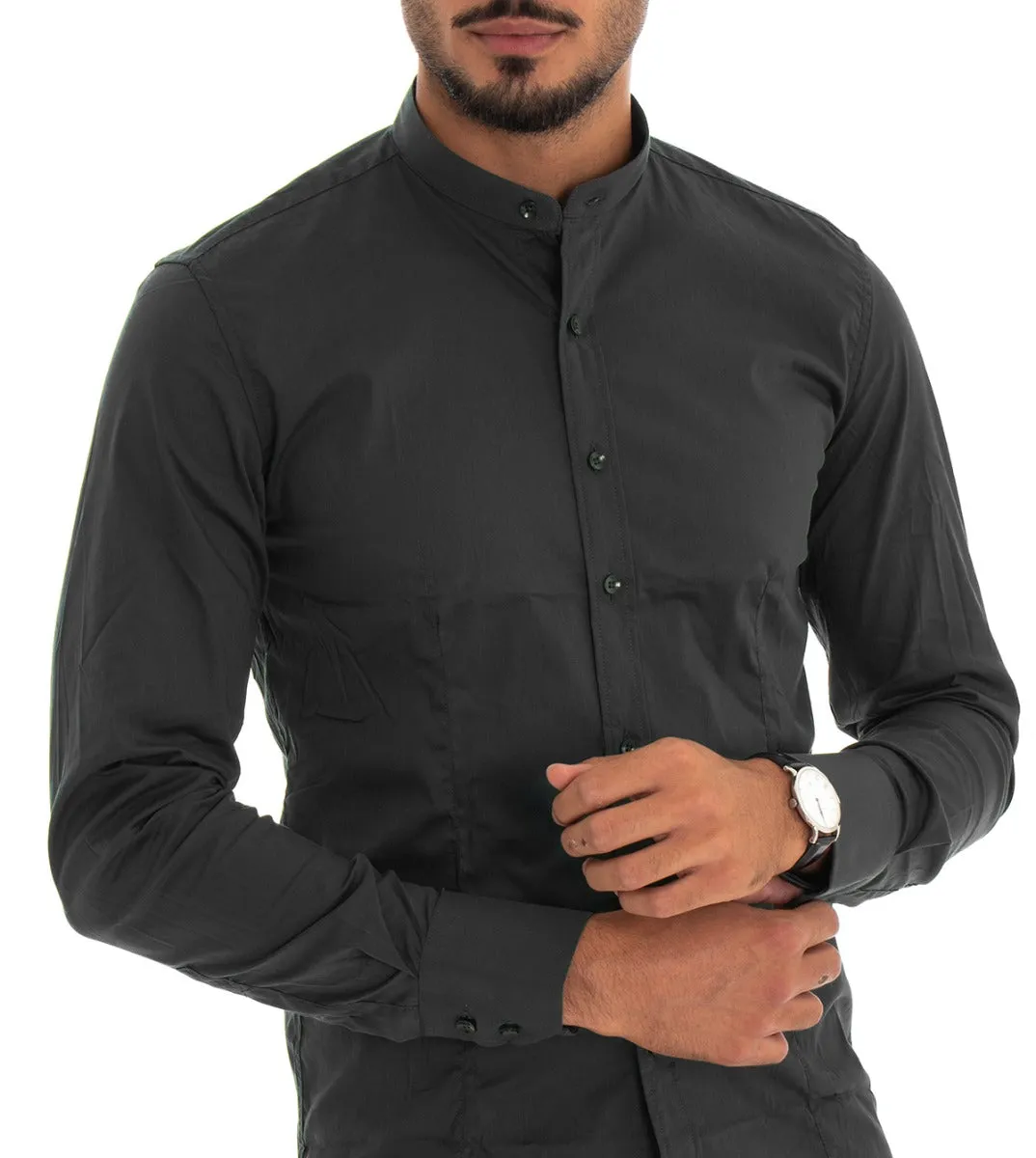Camicia Uomo Collo Coreano Manica Lunga Slim Fit Basic Casual Cotone Nero GIOSAL-C1820A