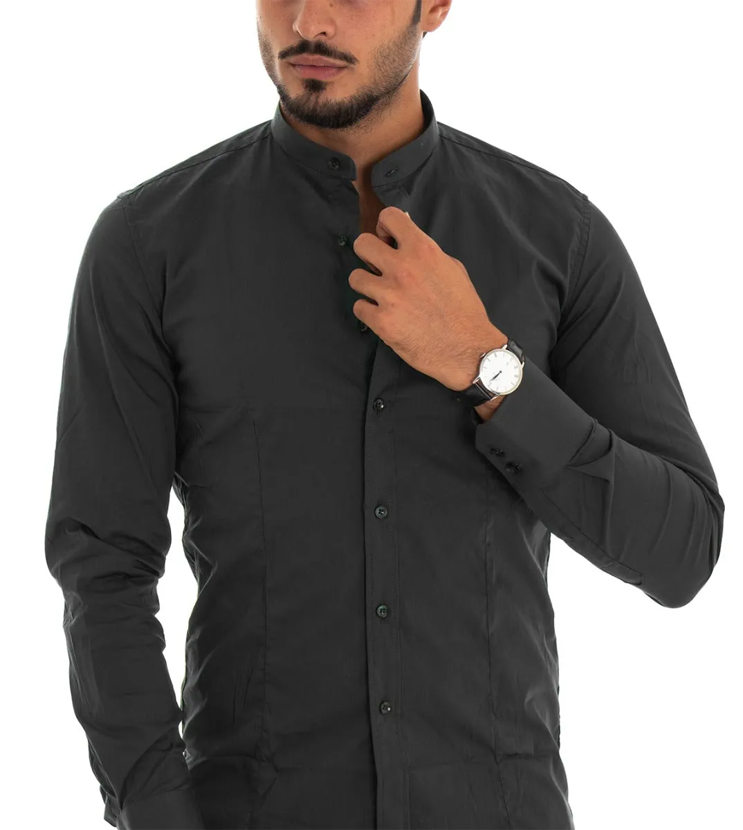 Camicia Uomo Collo Coreano Manica Lunga Slim Fit Basic Casual Cotone Nero GIOSAL-C1820A