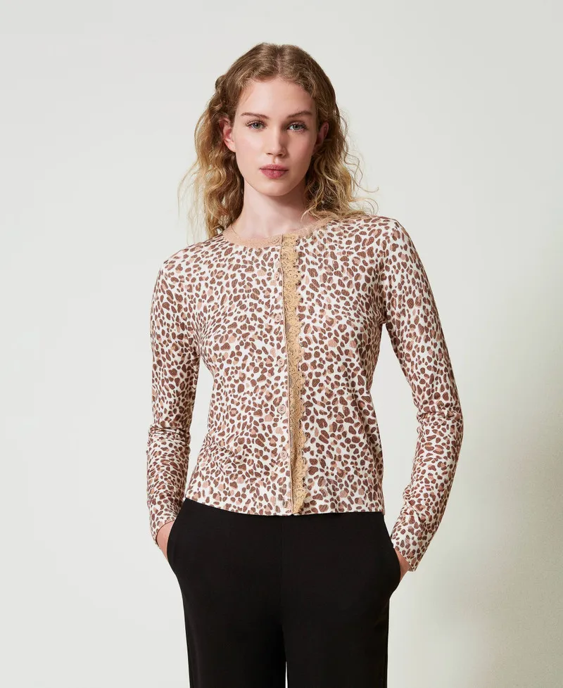Cardigan in maglia con stampa e pizzo