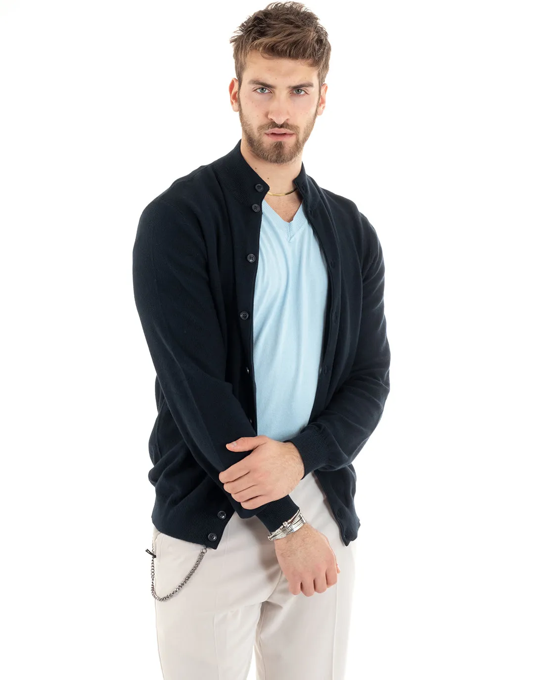 Cardigan Uomo Maglia Maglioncino Pullover Con Bottoni Tinta Unita Blu GIOSAL-M2649A