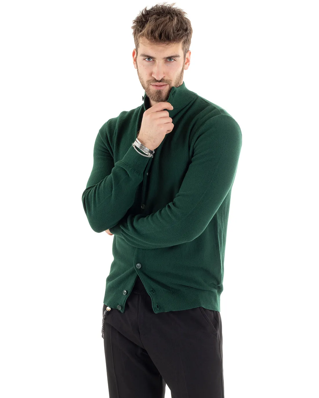 Cardigan Uomo Maglia Maglioncino Pullover Con Bottoni Tinta Unita Verde GIOSAL-M2648A