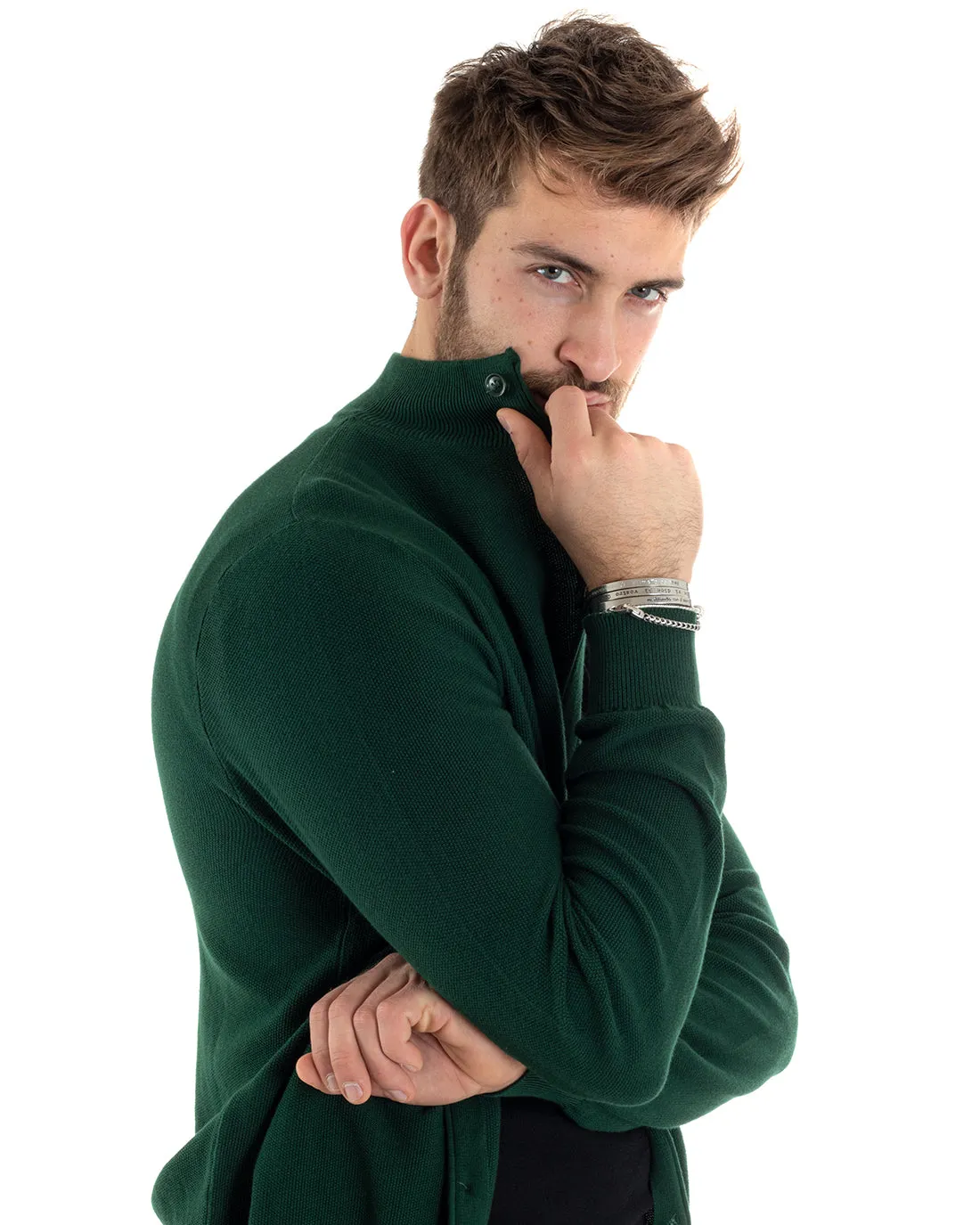 Cardigan Uomo Maglia Maglioncino Pullover Con Bottoni Tinta Unita Verde GIOSAL-M2648A