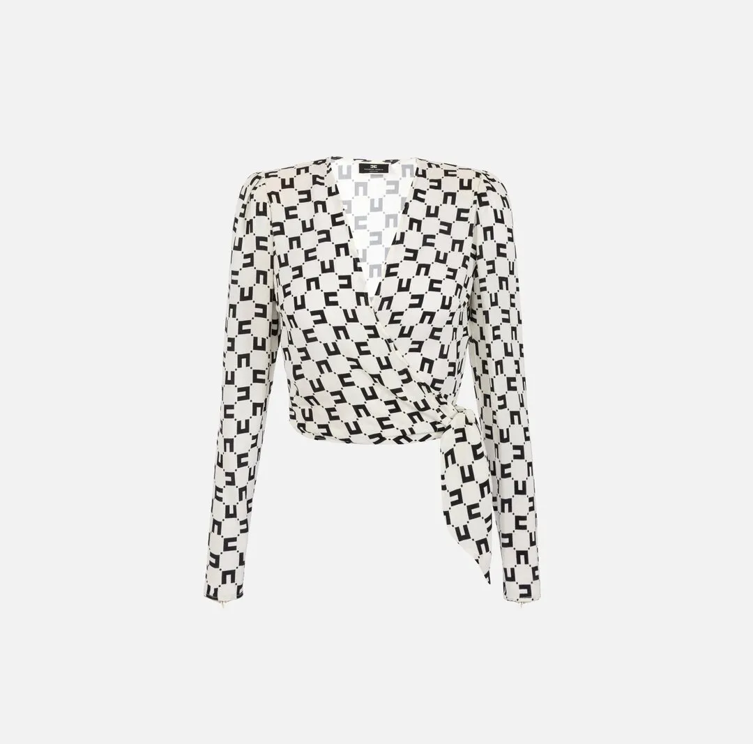 ELISABETTA FRANCHI Camicia cropped in georgette di viscosa stampa logo con nodo