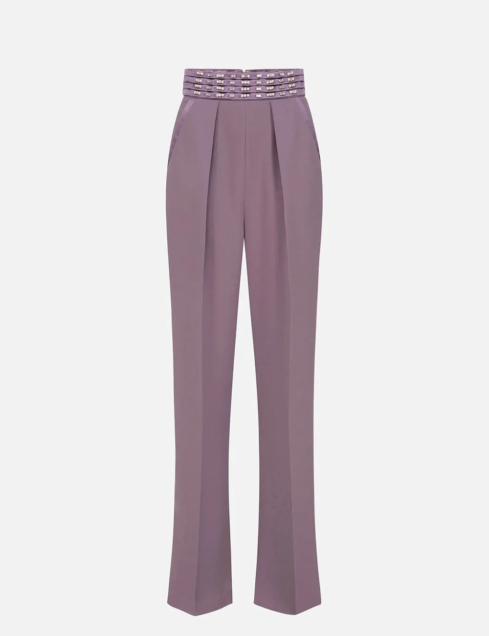 Elisabetta Franchi     Pantalone in crêpe con fascione ricamato Candy Violet