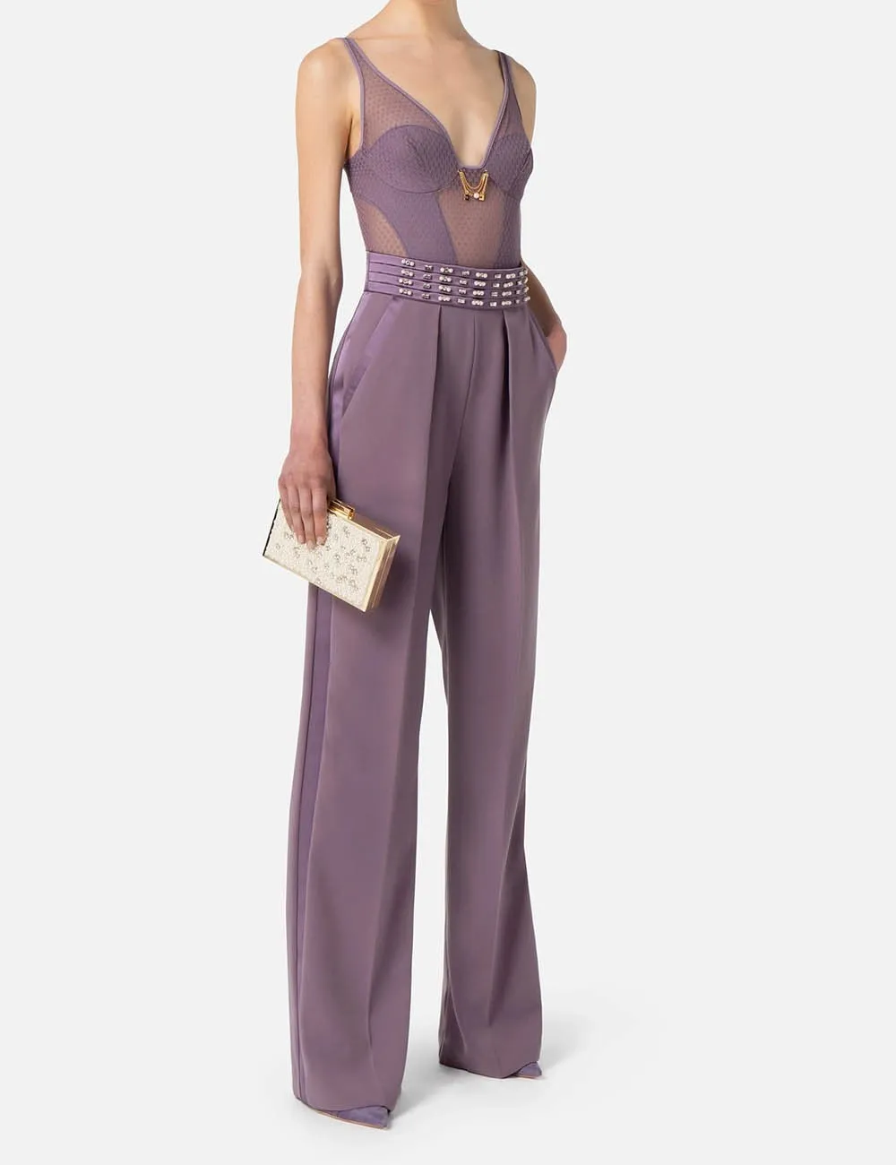 Elisabetta Franchi     Pantalone in crêpe con fascione ricamato Candy Violet