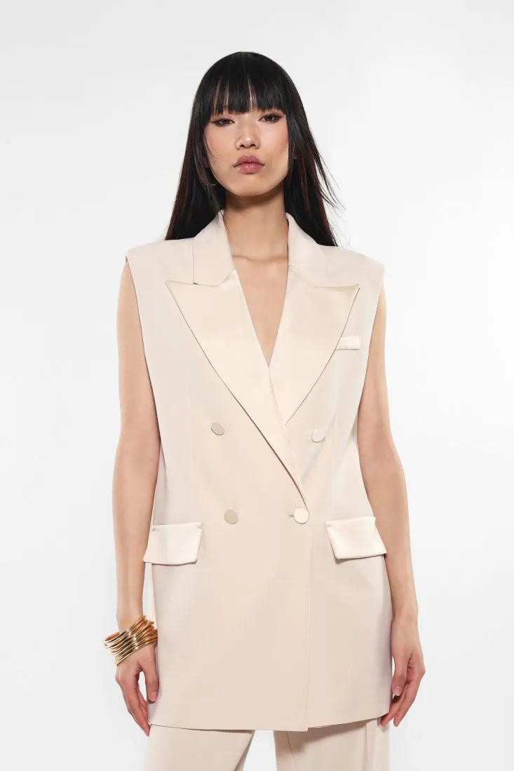Gilet lungo doppiopetto monocolour con rever a lancia
