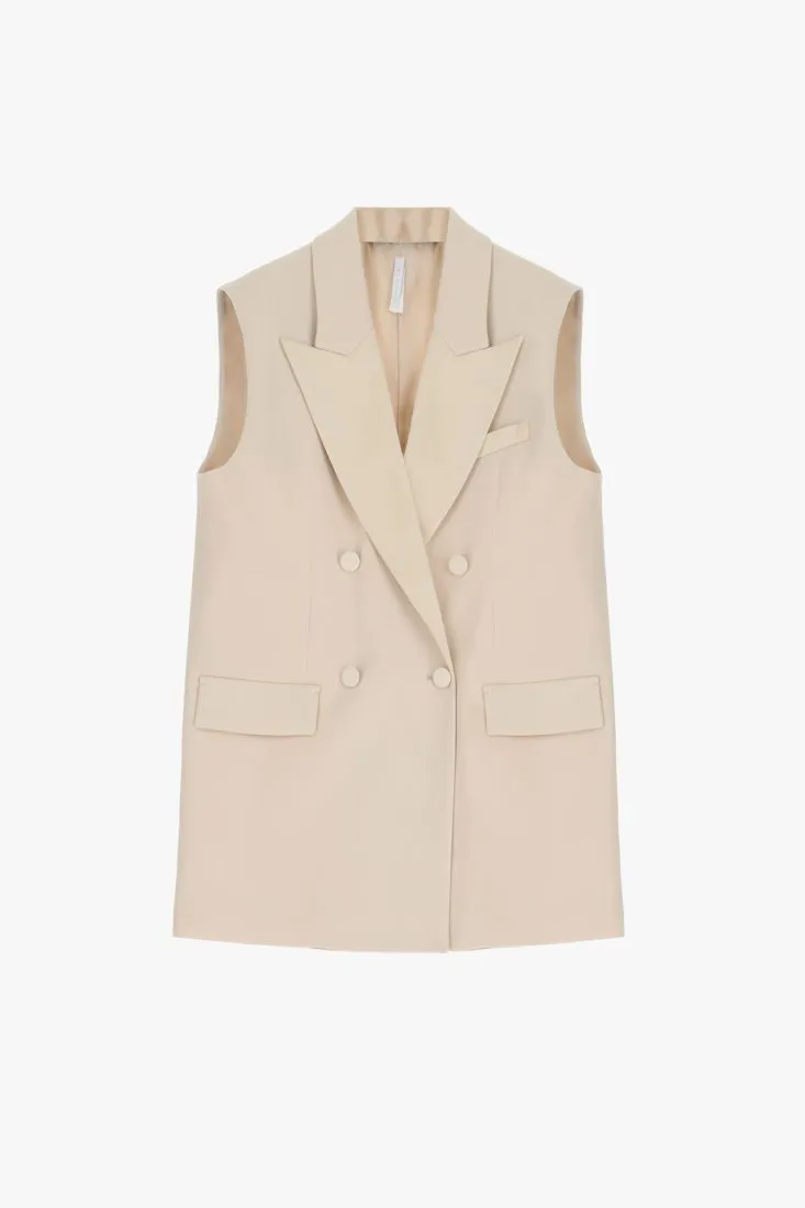 Gilet lungo doppiopetto monocolour con rever a lancia