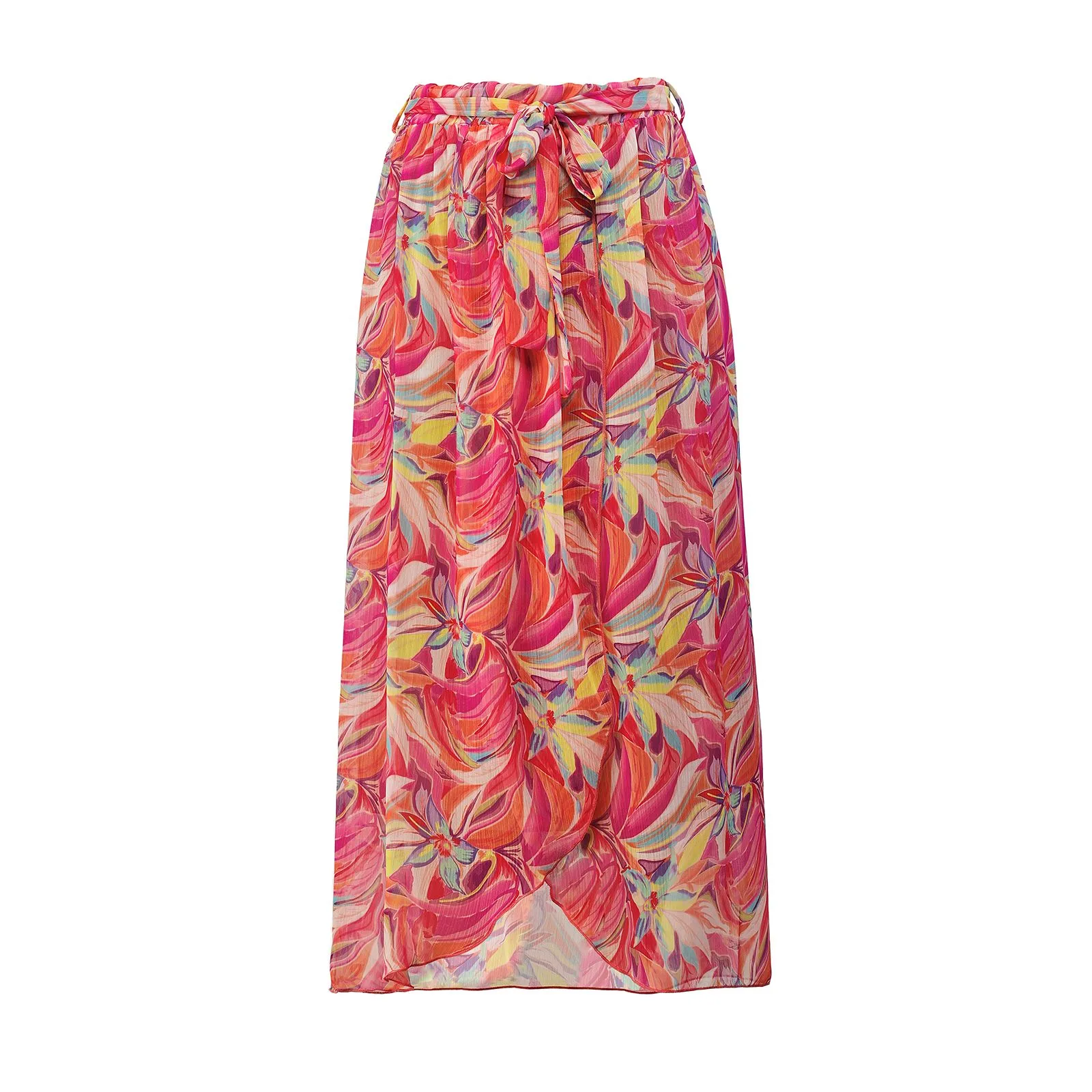 Gonna fucsia con stampa multicolor e spacco