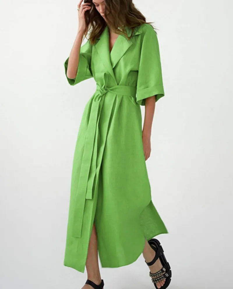 Hirigin Cotone Lino Lungo Wrap Abiti Estivi Donna Cintura Stringata Notch